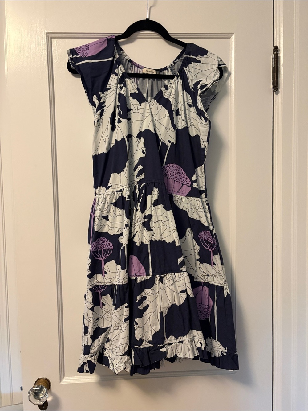 Navy Floral Tiered Casual Dress with Purple Accents